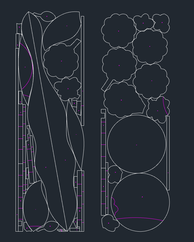 Smart Nesting result applied to the canvas: leaves, flowers and circles tightly interlocked